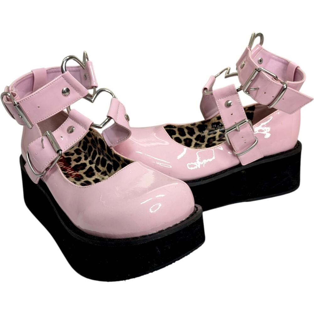 Demonia Sprite O2 Baby Pink Patent Platform Mary Jane 6 Heart Strap Lolita Goth - Picture 2 of 11